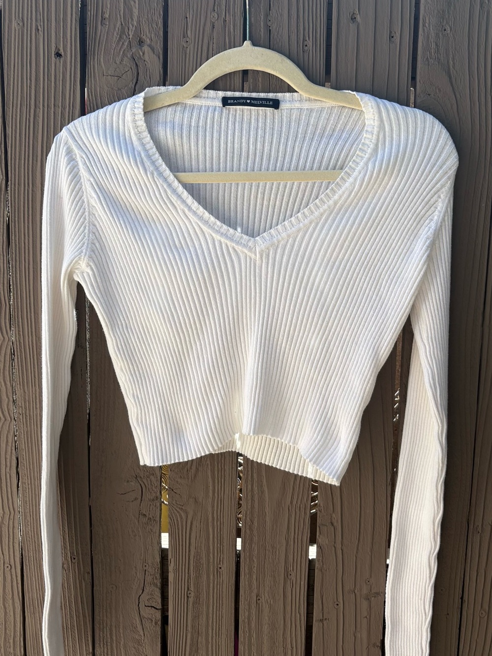 Brandy Melville White Ribbed V-Neck Long Sleeve Crop Top